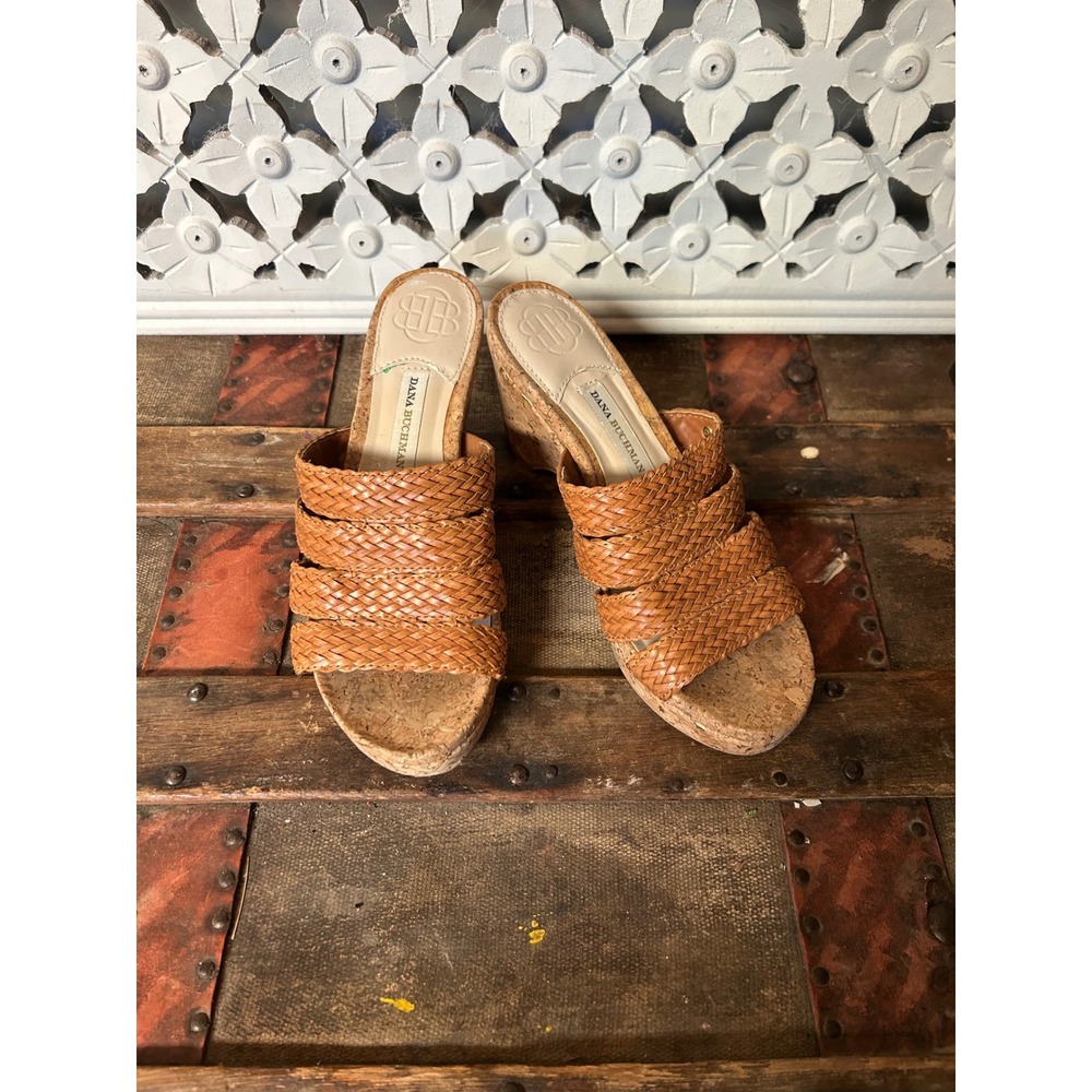 Dana Buchman DB Billy‎ Brown Woven Wedge Sandals Cork Heel Slides Womens 6.5